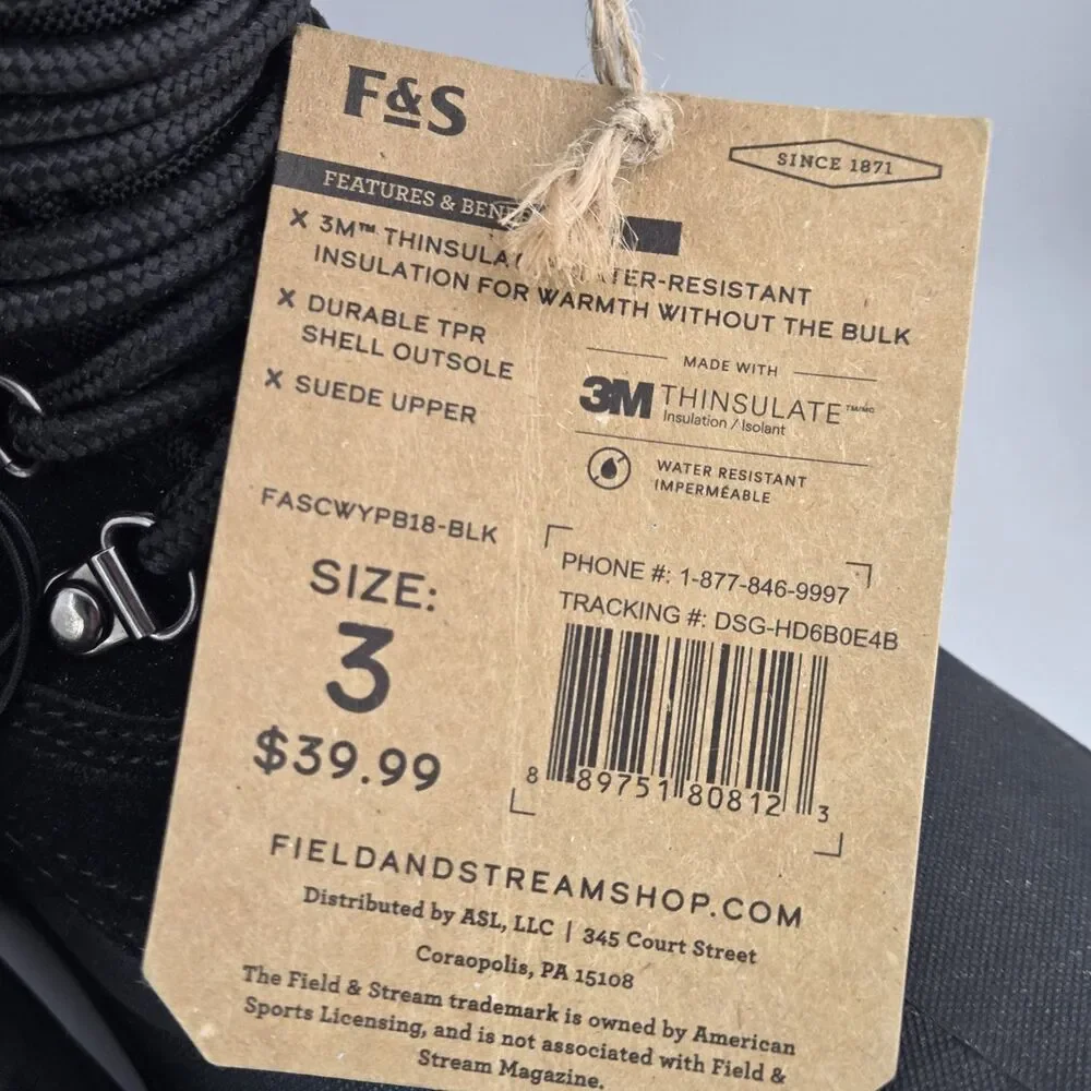 Field & Stream 200g 3M Thinsulate Water Resistant Pac Boots youth sz 3 black NWT